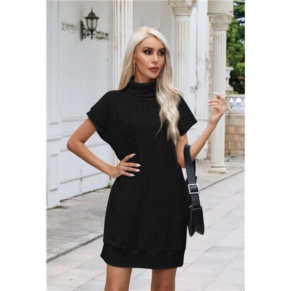 Women's Turtleneck Oversized Sleeveless Ribbed Tunic Sweater Dress - Picture 6 of 7